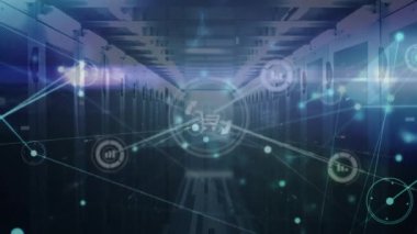 Sunucu odasındaki bağlantı ağının animasyonu. küresel iş ve dijital arayüz kavramı dijital olarak oluşturulmuş video.