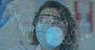 Animation of data processing over caucasian female doctor with vial. Global science and digital interface concept digitally generated video.