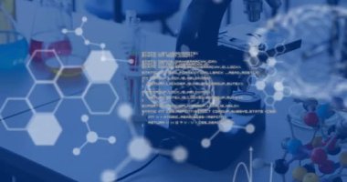Animation of data processing over laboratory equipment in lab. global science and digital interface concept digitally generated video.
