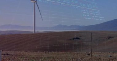 Yel değirmeni ve manzara üzerinde finansal veri işleme animasyonu. elektrik, enerji ve güç dağılımı dijital olarak oluşturulmuş video.