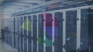 Sunucu odasında veri işleme animasyonu. küresel bağlantılar, bilgisayar ve dijital arayüz konsepti dijital olarak oluşturulmuş video.