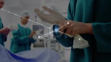 Animation of network of connections over diverse surgeons during surgery. global medicine and digital interface concept digitally generated video.