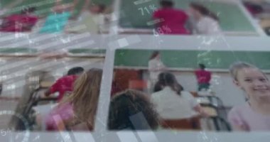 Okul videolarına dokunan bir ekranın kapatılması ile ilgili istatistiksel veri işleme. okul, eğitim ve teknoloji konsepti