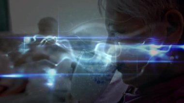 Kafkasyalı son sınıf öğrencisi çay içen mavi dalgaların animasyonu. Ağ, bağlantılar, tıp ve teknoloji konsepti dijital olarak oluşturulmuş video.