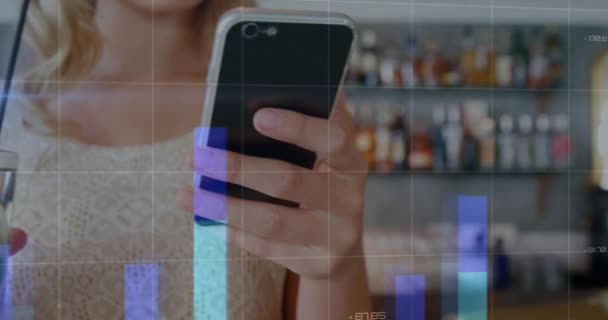 Animation Light Graphs Midsection Caucasian Woman Using Smartphone Economy Finance — Vídeo de stock