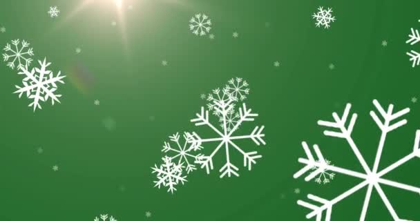 Анимация Выпадения Снега Зеленом Фоне Зима Рождество Традиции Празднование Концепции — стоковое видео