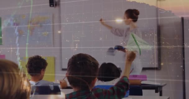 Financial Data Processing Caucasian Boy Throwing Paper Plane Class School — 图库视频影像