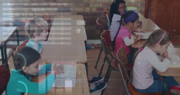 Animation Data Processing Diverse Group Pupils Female Teacher Education Learning — Stock video