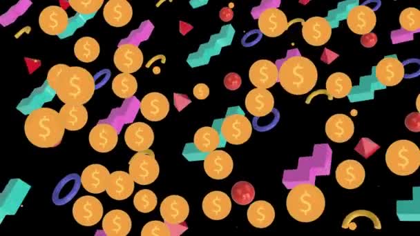 Animation Dollar Symbol Colorful Shapes Black Background Abstract Background Pattern — Vídeo de Stock
