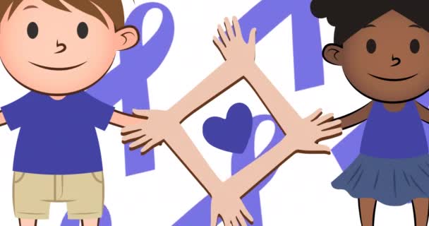 Animation Children Icons Heart Blue Cancer Ribbons Childhood Cancer Awareness — Vídeo de stock