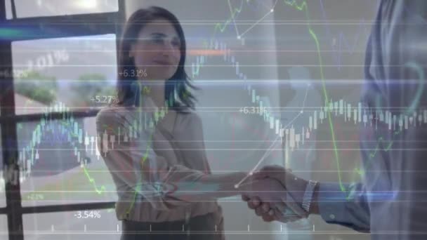 Animation Data Processing Graphs Diverse Businesspeople Shaking Hands Business Finance — Vídeo de Stock