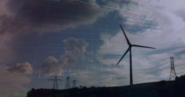 Animacja Przetwarzania Danych Finansowych Nad Turbiną Wiatrową Globalne Środowisko Zrównoważony — Wideo stockowe