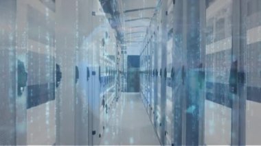 Küresel animasyon, ikili kod ve sunucular üzerinde hareket eden ışıklar. küresel ağ, bağlantılar, veri ve teknoloji konsepti dijital olarak oluşturulmuş video.