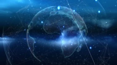 Bağlantı ağlarının ve mavi arkaplandaki kürenin animasyonu. küresel ağlar, bağlantılar ve veri işleme konsepti dijital olarak oluşturulmuş video