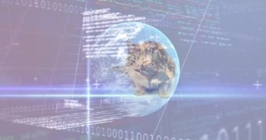 Beyaz arka plan ve kedi üzerinde veri işleme ve küre animasyonu. hayvanlar ve dijital arayüz konsepti dijital olarak oluşturulmuş video.