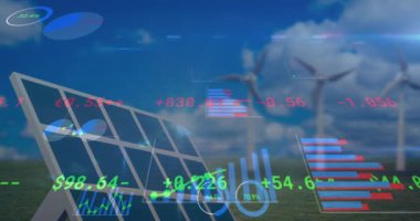 Animation of data processing over solar panel and windmill. Electricity, energy and power distribution digitally generated video.