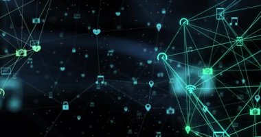 Animation of network of connections with icons over black background. Social media and digital interface concept digitally generated video.