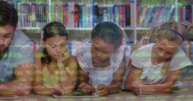 Animation of financial data processing over diverse group of diverse pupils with male teacher. education and learning concept digitally generated video.