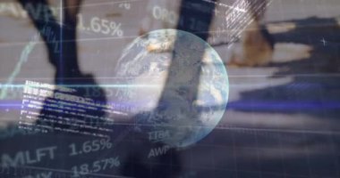 Animation of data processing and globe over horses. global business and digital interface concept digitally generated video.