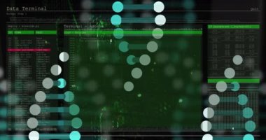 Sunucu odasındaki DNA iplikçiklerinin animasyonu. Küresel bilim ve dijital arayüz kavramı dijital olarak oluşturulmuş video.