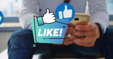 Kafkasyalı iş adamının akıllı telefon kullanması üzerine sosyal medya tepkisinin animasyonu. Sosyal medya, ağ, iletişim ve teknoloji konsepti dijital olarak oluşturulmuş video.