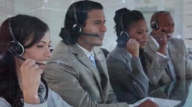 Animation of data processing over business people using phone headset. Global business, finances, data processing and digital interface concept digitally generated video.