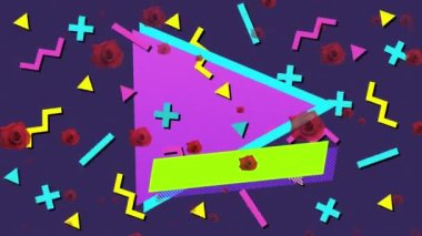 Animation of red roses over colorful shapes on purple background. abstract background and pattern concept digitally generated video.