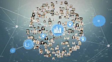 Gri arkaplandaki simgeler ve kullanıcı fotoğraflarıyla bağlantı ağının animasyonu. küresel bağlantılar, ağ ve teknoloji konsepti dijital olarak oluşturulmuş video.