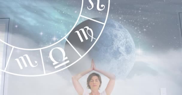 Circle Zodiac Signs Caucasian Women Practicing Yoga Horoscope Yoga Meditation — Stock Video