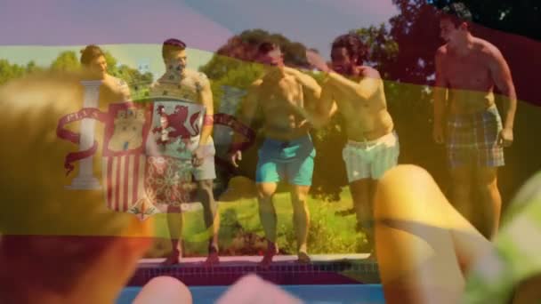 Animation Flag Spain Happy Caucasian Friends Having Fun Swimming Pool — Stock Video