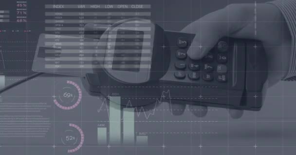 Animation Von Diagrammen Über Zahlungsterminal Mit Karte Drahtlose Zahlungen Finanz — Stockvideo