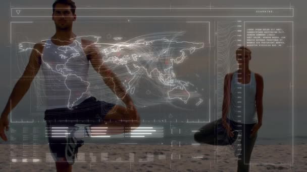 Animation Data Digital Screen Caucasian Man Woman Practicing Yoga Beach — Wideo stockowe
