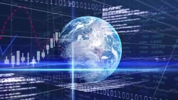 Animation Financial Data Processing Globe Dark Background Global Business Finances — Video