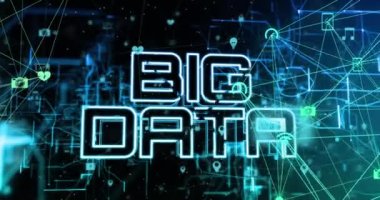 Siyah arkaplanda veri işleme üzerine büyük veri metninin animasyonu. Sosyal medya ve dijital arayüz konsepti dijital olarak oluşturulmuş video.