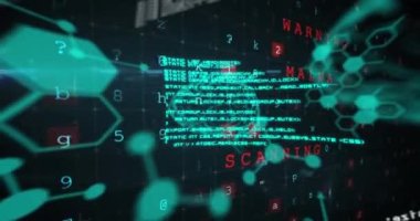 Beyin ve kimyasal formüllerin animasyonu, virüs uyarısı ve kara arka plandaki veriler üzerine. veri işleme ve teknoloji konsepti dijital olarak oluşturulmuş video.