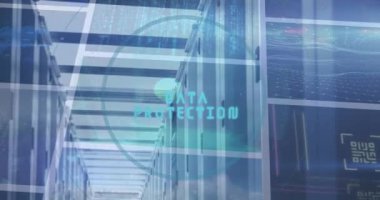 Veri işleme ve sunucu odasında dijital ekranların animasyonu. Sosyal medya ve dijital arayüz konsepti dijital olarak oluşturulmuş video.