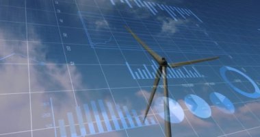 Rüzgar türbini üzerinde finansal veri işleme animasyonu. küresel çevre, sürdürülebilirlik ve finans kavramı dijital olarak oluşturulmuş video.
