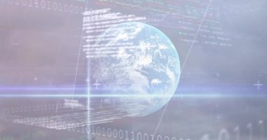 Dünya ve rüzgar türbini üzerinde ikili kodlama finansal veri işleme animasyonu. küresel çevre, sürdürülebilirlik ve finans kavramı dijital olarak oluşturulmuş video.