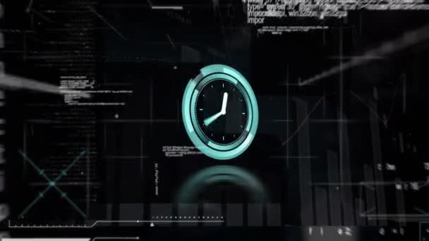 Neon Ticking Clock Statistical Data Processing Black Background Computer Interface — Stockvideo
