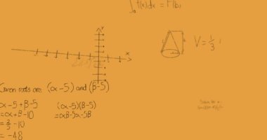 Animation of mathematical equations moving over orange background. school and education concept digitally generated video.