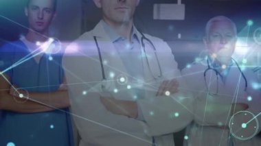 Animation of network of connections over diverse group of doctors. Global medicine, technology, data processing and digital interface concept digitally generated video.