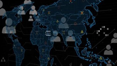 Kara arkaplan üzerinde dünya haritasıyla veri işleme animasyonu. küresel iş ve dijital arayüz kavramı dijital olarak oluşturulmuş video.