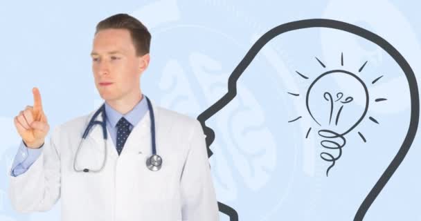 Animation Caucasian Male Doctor Head Light Bulb Icon Data Processing — ストック動画