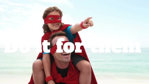 Animation Them Happy Caucasian Father Son Superhero Costumes Beach Staying — Wideo stockowe