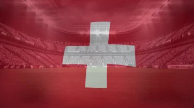 Animation of waving flag of switzerland over sport stadium. Sports, competition, entertainment and technology concept digitally generated video.