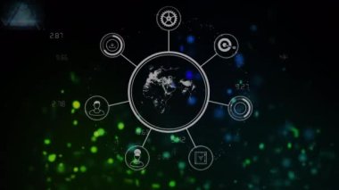 Renkli noktalı siyah arkaplan üzerinde simgeler ve dünya ile bağlantı ağının animasyonu. küresel bağlantılar, veri işleme ve teknoloji konsepti dijital olarak oluşturulmuş video.