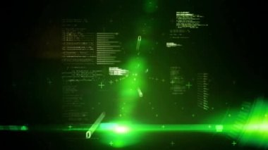 Animation of data processing and binary coding on green background. global computing and data processing concept digitally generated video.