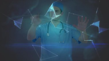 Kafkas erkek cerrah üzerindeki dünya ve bağlantı ağının animasyonu. küresel tıp, sağlık hizmetleri, araştırma ve ağlar konsepti dijital olarak oluşturulmuş video.