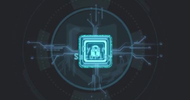 Siyah arka planda veri işleme ve asma kilit animasyonu. Sosyal medya ve dijital arayüz konsepti dijital olarak oluşturulmuş video.