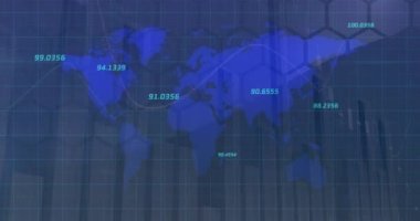 Donanma arka planında numaraların ve dünya haritasının animasyonu. Maliye, ekonomi ve teknoloji kavramı dijital olarak oluşturulmuş video.